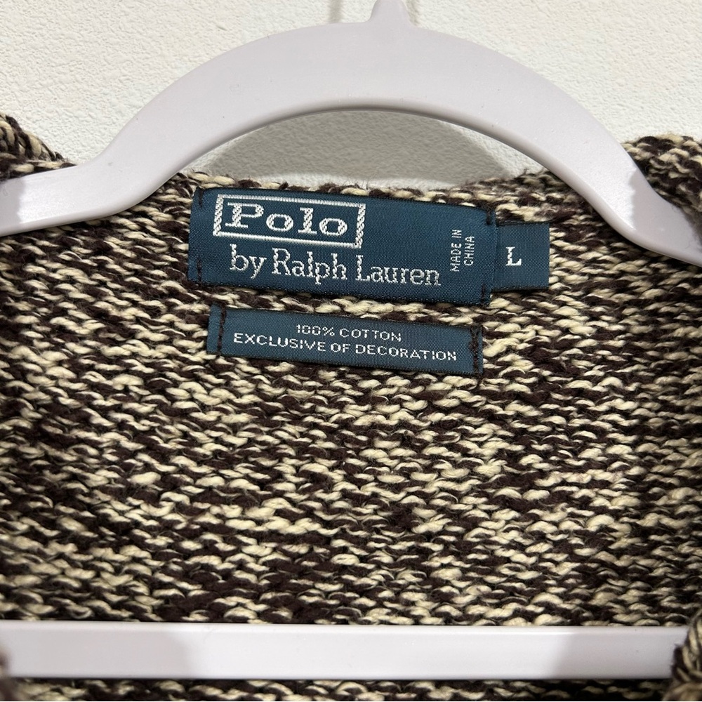 VTG 90s Polo Ralph Lauren 100% Cotton Brown Knit Fisherman Toggle Sweater Sz L - Picture 2 of 11